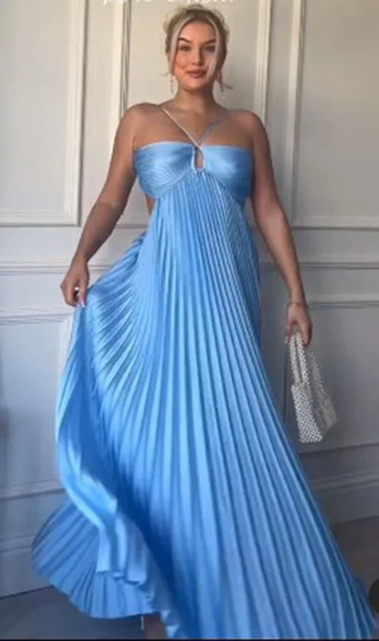 Robe de bal longue plissée ajourée bleue sans manches, coupe A-line, col licou, élégante, DP521