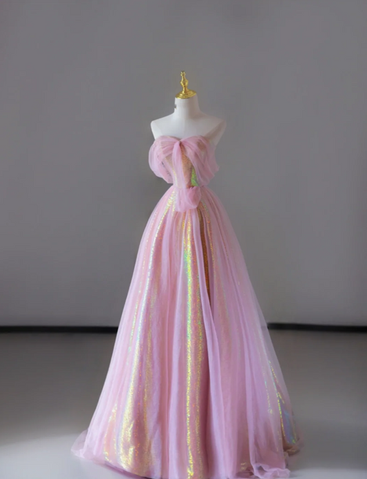 Gorgeous A Line Sweetheart Sleeveless Sequin Pink Long Prom Dresses Graduation Dresses DP522