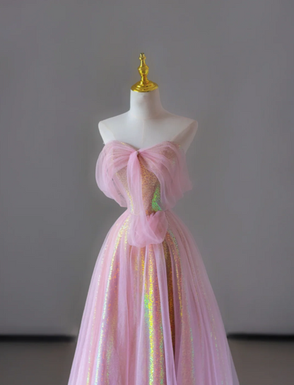 Gorgeous A Line Sweetheart Sleeveless Sequin Pink Long Prom Dresses Graduation Dresses DP522