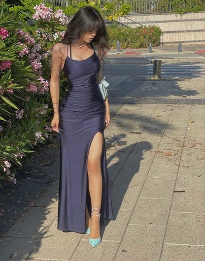 Simple Navy Blue Mermaid Prom Dress Long Satin Evening Gown Graduation Dresses DP523
