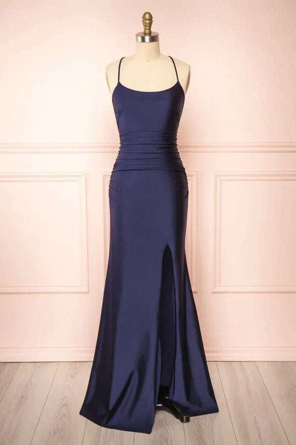 Simple Navy Blue Mermaid Prom Dress Long Satin Evening Gown Graduation Dresses DP523