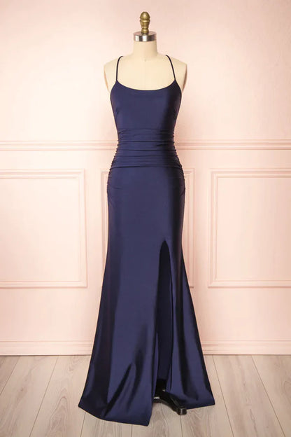 Simple Navy Blue Mermaid Prom Dress Long Satin Evening Gown Graduation Dresses DP523