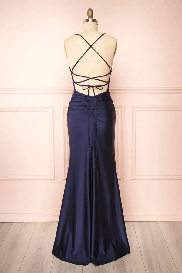 Simple Navy Blue Mermaid Prom Dress Long Satin Evening Gown Graduation Dresses DP523