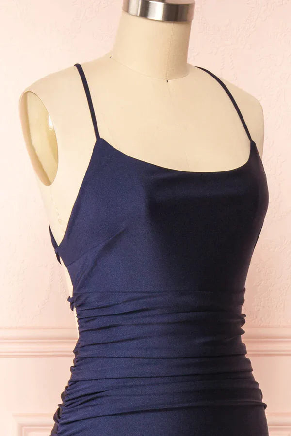 Simple Navy Blue Mermaid Prom Dress Long Satin Evening Gown Graduation Dresses DP523