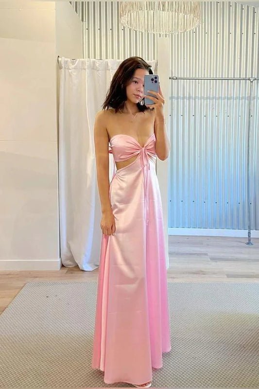 Simple Strapless Pink Back Tie A-line Long Dress Graduation Dresses DP526