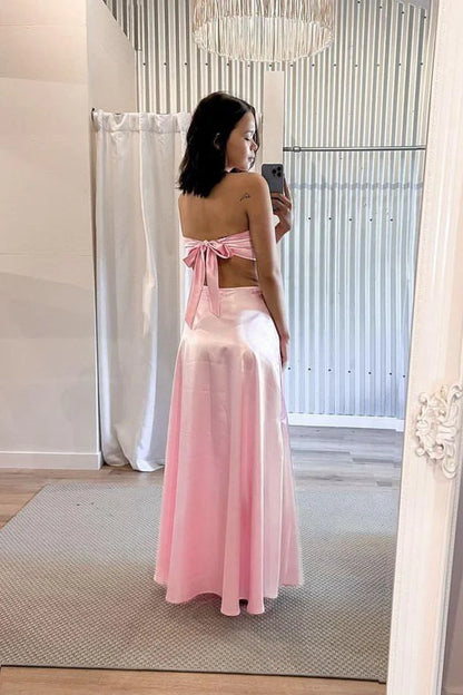 Simple Strapless Pink Back Tie A-line Long Dress Graduation Dresses DP526
