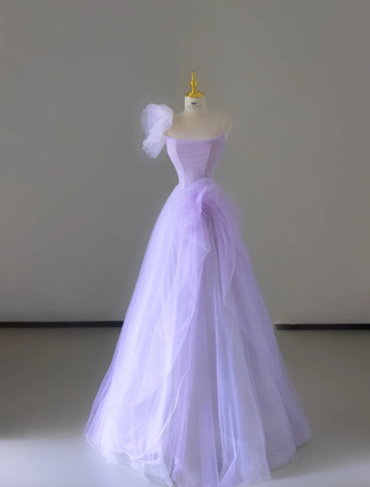 Pretty A Line Straps Lilac Tulle l Sleeveless Long Prom Dresses Evening Dresses DP527
