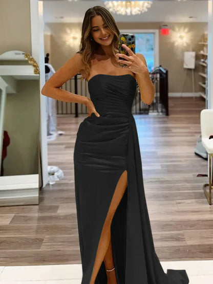 Pretty Mermaid Strapless Satin Long Prom Dresses With Split Prom Dress Graduation Dress DP530