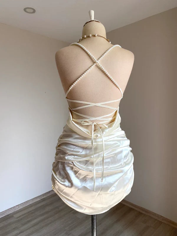 Classy Sheath Straps Short Homecoming Dress Cocktail Dress Satin White Birthday Dresses DP536