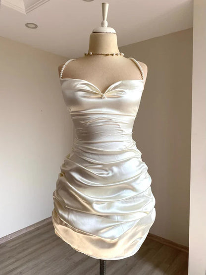 Classy Sheath Straps Short Homecoming Dress Cocktail Dress Satin White Birthday Dresses DP536
