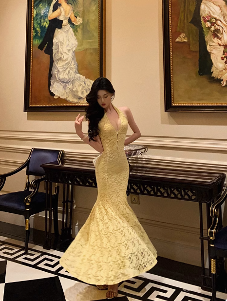 Elegant Mermaid V neckline Sleeveless Yellow Lace 21st Birthday Dress Party Gown Birthday Outfits Birthday Dress Ideas For Women DP548
