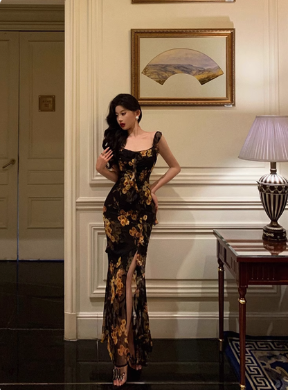 Elegant Mermaid Black Floral Chiffon 18th Birthday Dress Party Gown Birthday Outfits Birthday Dress Ideas For Women DP603