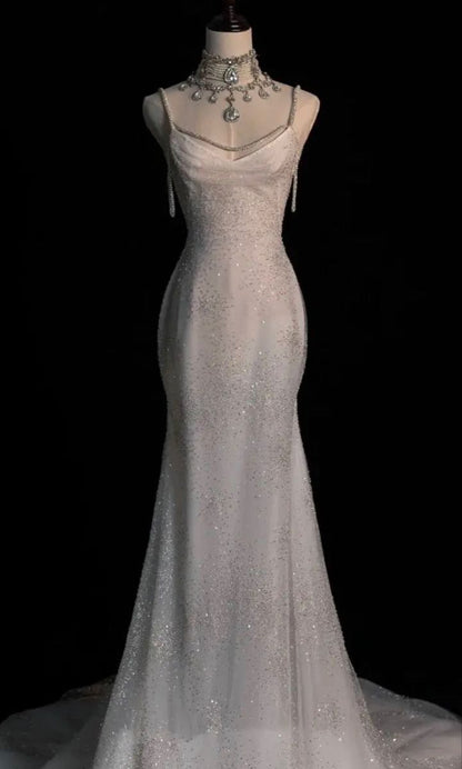 Robe de mariée sirène blanche chic à paillettes, longue, plissée, dos nu, DP621