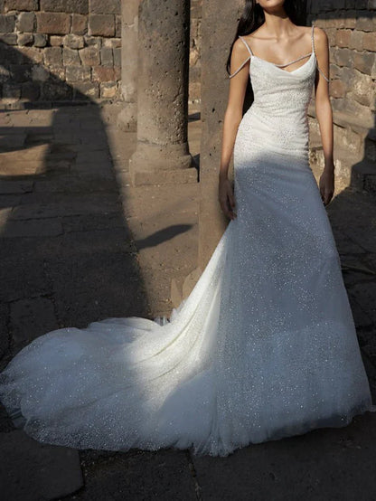 Robe de mariée sirène blanche chic à paillettes, longue, plissée, dos nu, DP621