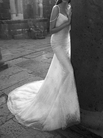 Stunning White Backless Mermaid Shiny Prom Gown Wedding Dress Party Dress Formal Wear Dresses DP606