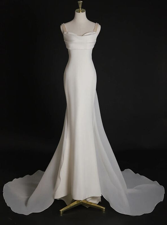 Simple White Mermaid Straps Pearls Wedding Dress Summer Wedding Dress DP616