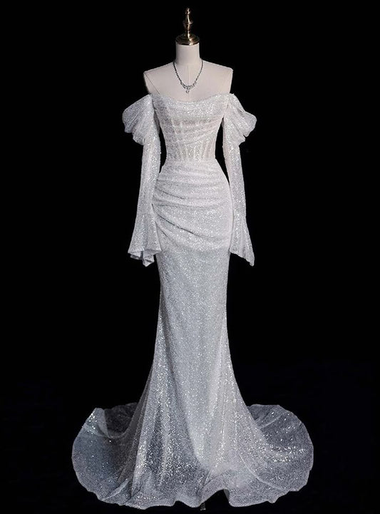 Robe de mariée sirène blanche chic à paillettes et manches longues plissées DP620