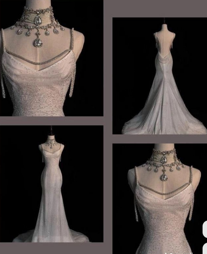 Robe de mariée sirène blanche chic à paillettes, longue, plissée, dos nu, DP621