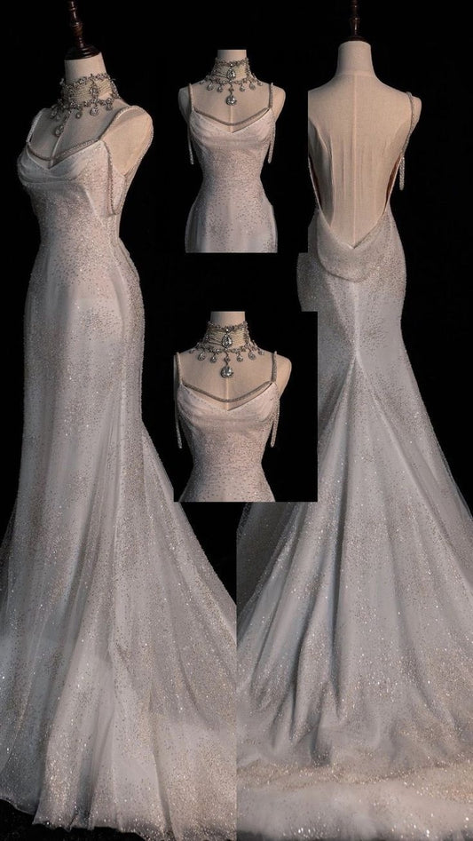 Robe de mariée sirène blanche chic à paillettes, longue, plissée, dos nu, DP621