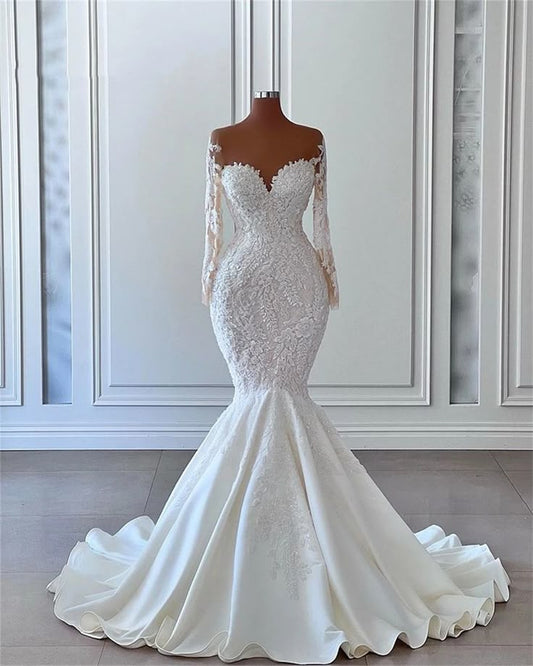Robe de mariée chic à manches longues, luxueuse, avec appliques en dentelle, DP624