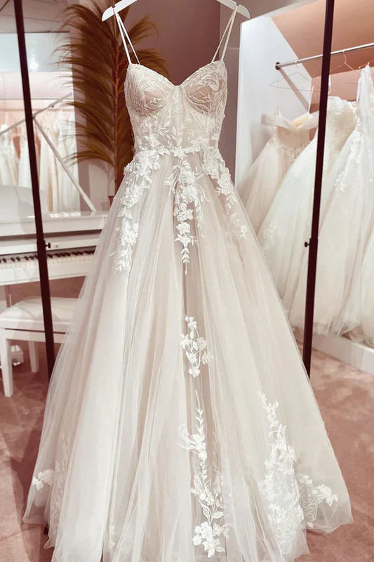 Robe de mariée chic et élégante, bretelles spaghetti italiennes, coupe trapèze, en dentelle, robes de mariée DP636