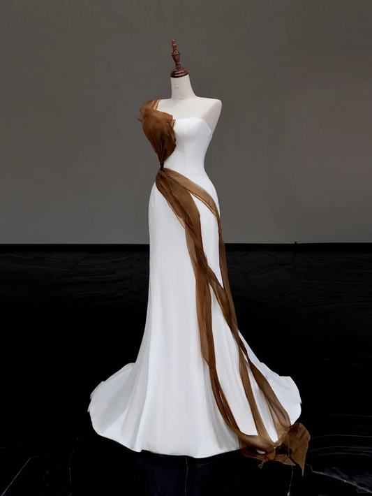 Timeless Mermaid Strapless White Satin Wedding Dress Summer Brides Dress DP637