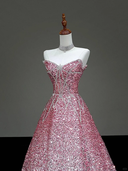 Fairy-tale Ball Gown Sweetheart Sequin Pink Silver Long Prom Dresses Evening Dresses DP640