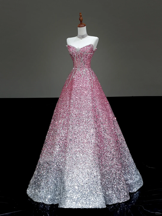 Fairy-tale Ball Gown Sweetheart Sequin Pink Silver Long Prom Dresses Evening Dresses DP640