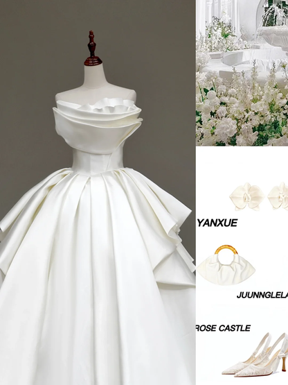 Unique Bridal Gown Ball Gown Strapless White Satin Wedding Dresses Bridal Gowns DP651