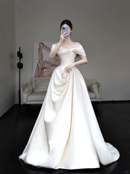 Classy Elegant A Line Off The Shoulder White Satin Long Wedding Dress Brides Dress DP649