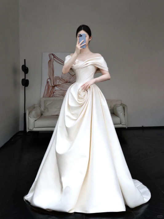 Classy Elegant A Line Off The Shoulder White Satin Long Wedding Dress Brides Dress DP649