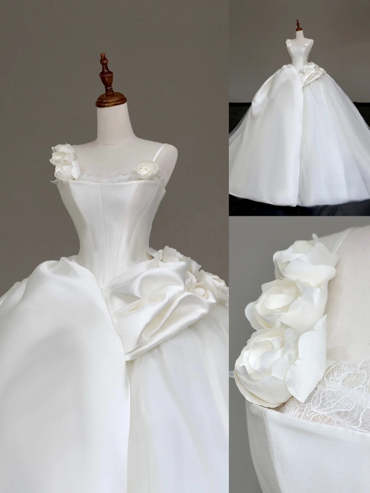 Unique Bridal Gown Ball Gown Straps White Satin Wedding Dresses Bridal Gowns DP650