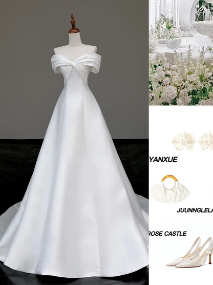 Classy Elegant A Line Off The Shoulder White Satin Long Wedding Dress Brides Dress DP653