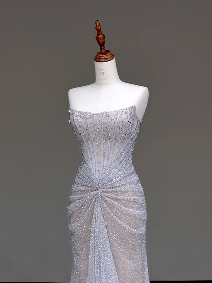 Gorgeous Mermaid Strapless Silver Gray Sequin Long Prom Dresses Graduation Dresses DP655