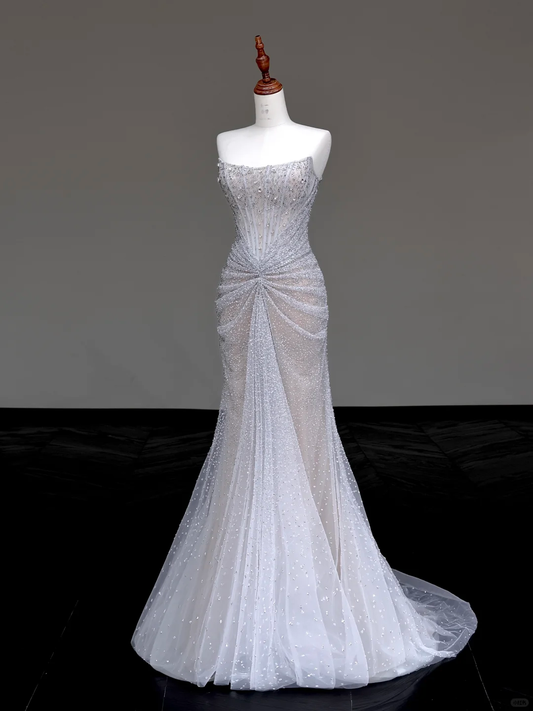 Gorgeous Mermaid Strapless Silver Gray Sequin Long Prom Dresses Graduation Dresses DP655