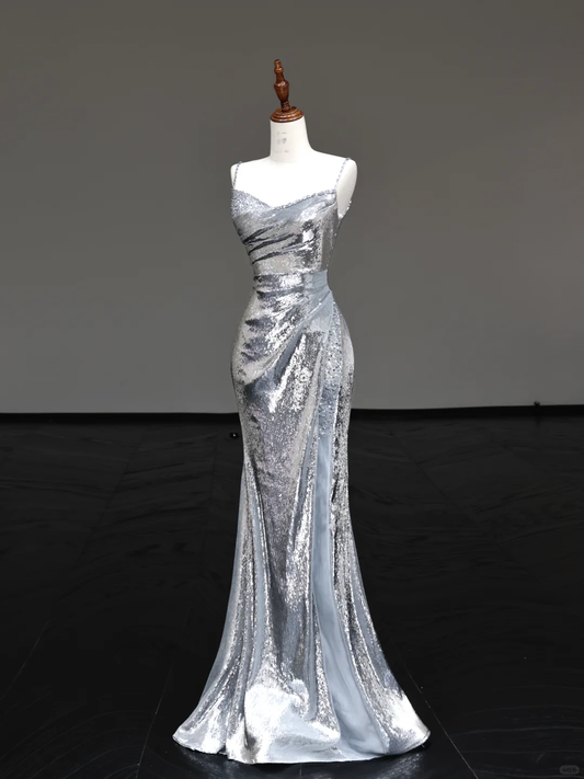 Gorgeous Mermaid Spaghetti Straps Silver Gray Sequin Long Prom Dresses Graduation Dresses DP656