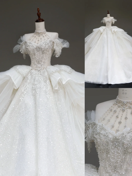 Luxury Ball Gown Wedding Dresses Off The Shoulder Short Sleeves Sequin Wedding Dress With Train DP658