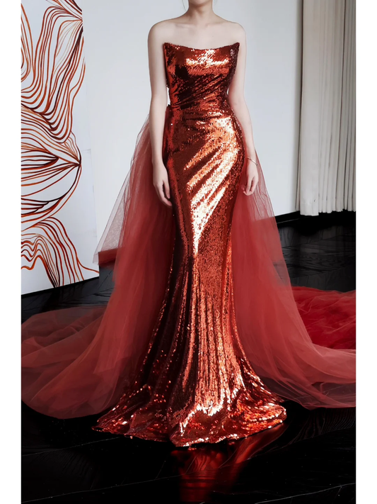 Gorgeous Mermaid Strapless Burgundy Sequin Long Prom Dresses Graduation Dresses DP660