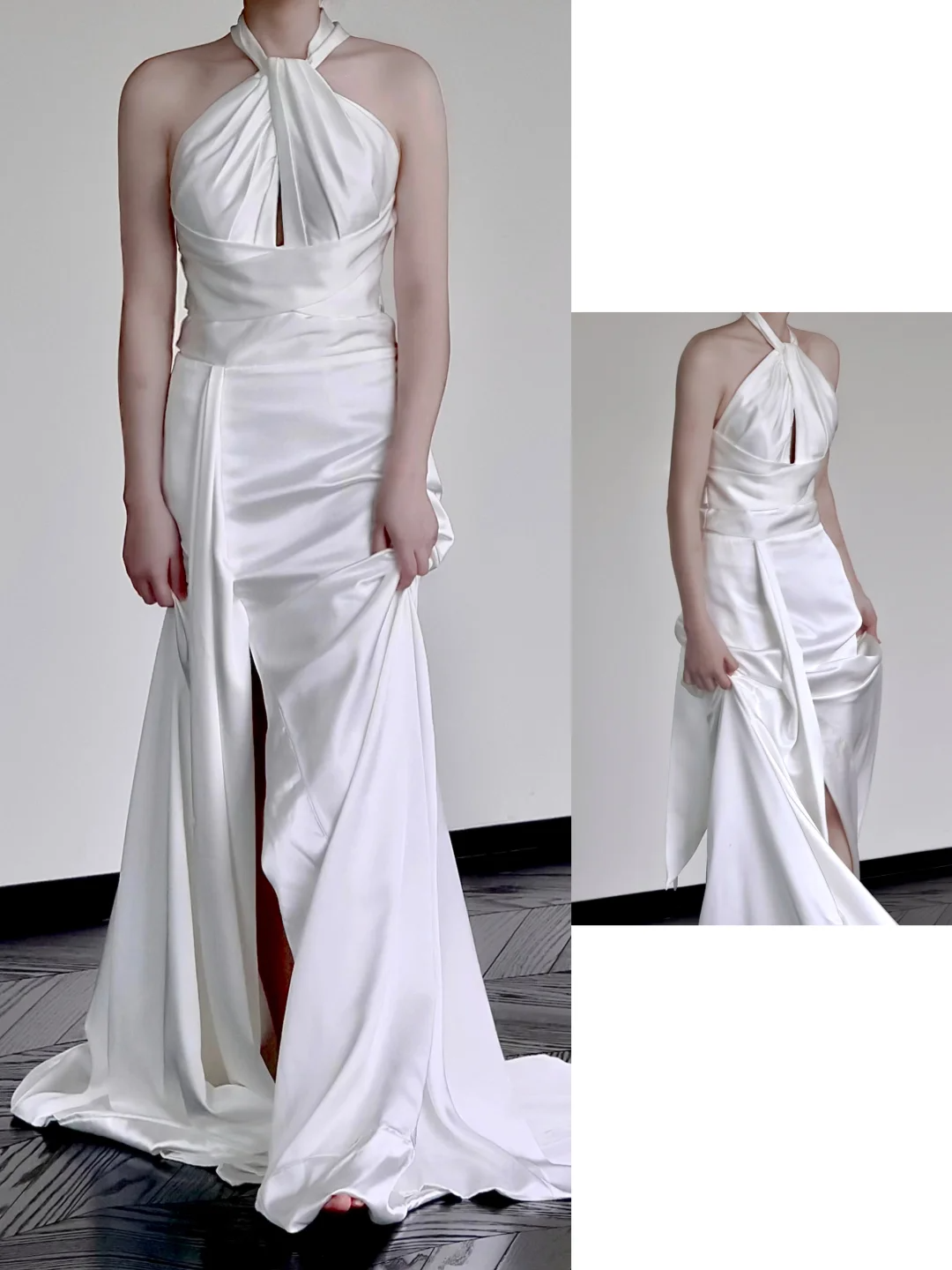 Robe de mariée unique en satin blanc, coupe A-line, décolleté en V, DP662