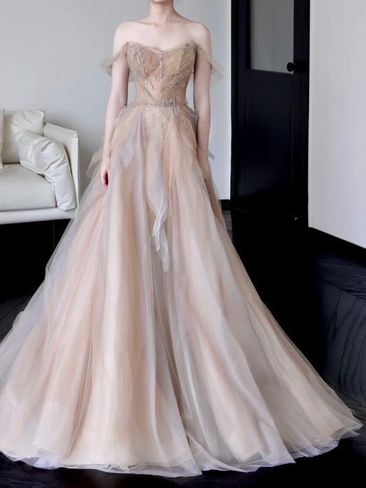 Gorgeous Ball Gown Off The Shoulder Champagne Tulle Long Prom Dresses Graduation Dresses DP664