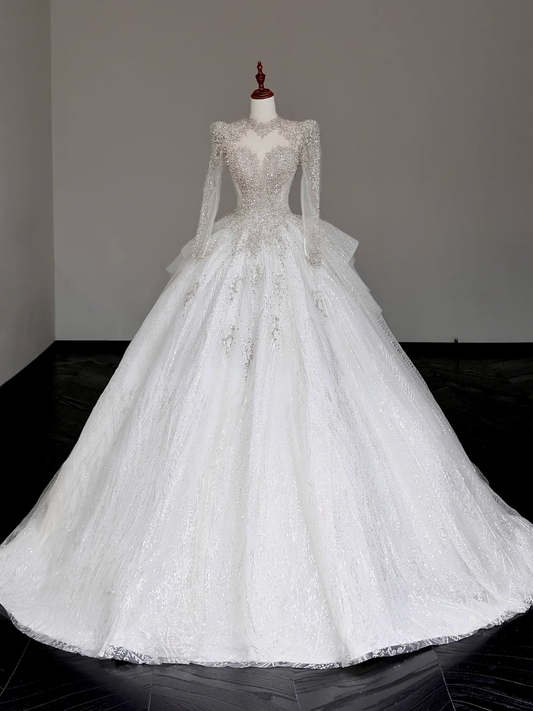 Robe de mariée unique, robe de bal, décolleté haut, manches longues, dentelle blanche, robes de mariée DP667