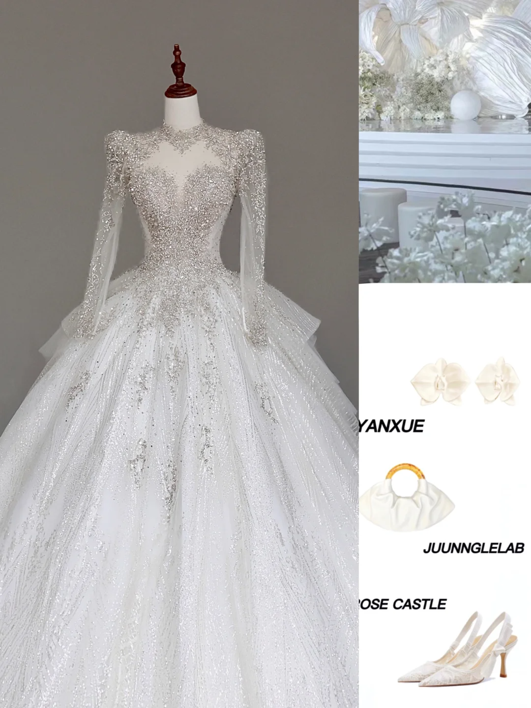 Robe de mariée unique, robe de bal, décolleté haut, manches longues, dentelle blanche, robes de mariée DP667