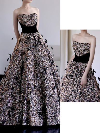 Gorgeous Ball Gown Strapless Black Sequin Long Prom Dresses Graduation Dresses DP669