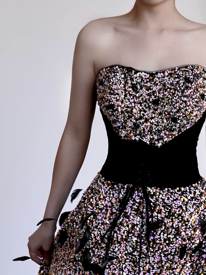 Gorgeous Ball Gown Strapless Black Sequin Long Prom Dresses Graduation Dresses DP669