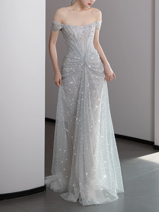 Gorgeous Mermaid Off The Shoulder Silver Gray Sequin Long Prom Dresses Graduation Dresses DP671