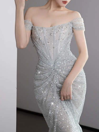 Gorgeous Mermaid Off The Shoulder Silver Gray Sequin Long Prom Dresses Graduation Dresses DP671