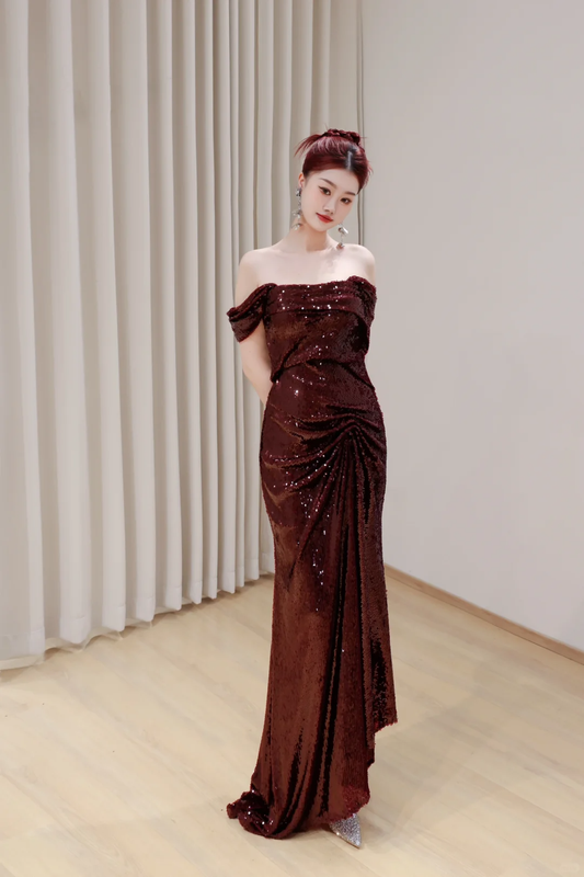 Gorgeous Mermaid Off The Shoulder Burgundy Sequin Long Prom Dresses Graduation Dresses DP673