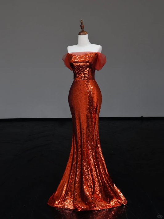 Gorgeous Mermaid Off The Shoulder Rust Red Sequin Long Prom Dresses Graduation Dresses DP674