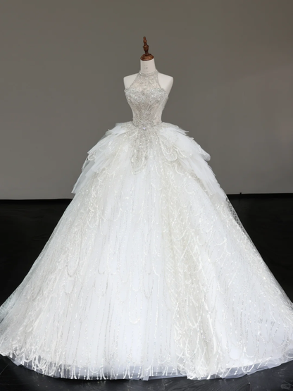 Unique Bridal Gown Ball Gown High Neckline Sleeveless White Sequin Wedding Dresses Bridal Gowns DP678