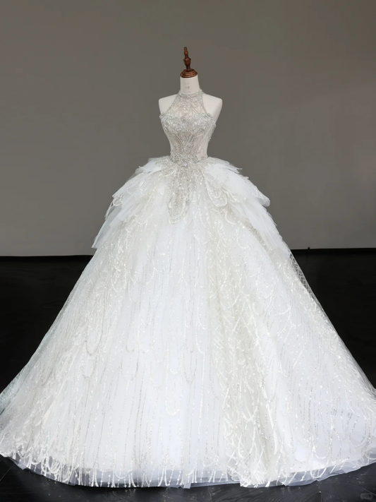 Unique Bridal Gown Ball Gown High Neckline Sleeveless White Sequin Wedding Dresses Bridal Gowns DP678